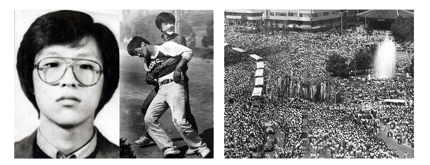 Park Jong Cheol (esq.), Lee Han Yeol (dir.) após ataque de bomba de gás lacrimogêneo em sua cabeça em 09/06/1987. E Funeral de Lee Han Yeol no dia 09/07/1987 com mais de um milhão de pessoas prestando homenagem. Park Jong Cheol (esq.), Lee Han Yeol (dir.) após ataque de bomba de gás lacrimogêneo em sua cabeça em 09/06/1987. E Funeral de Lee Han Yeol no dia 09/07/1987 com mais de um milhão de pessoas prestando homenagem.