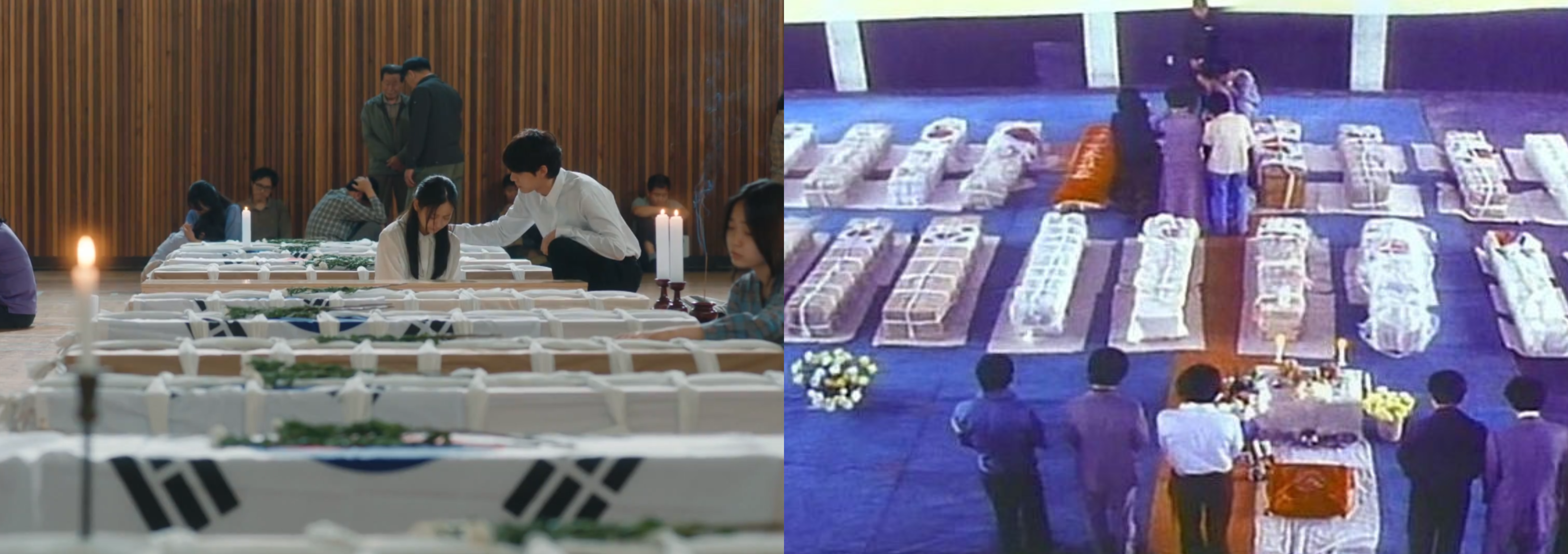Caixões de militantes mortos cobertos com a bandeira sul-coreana, velas e fores ao lado.