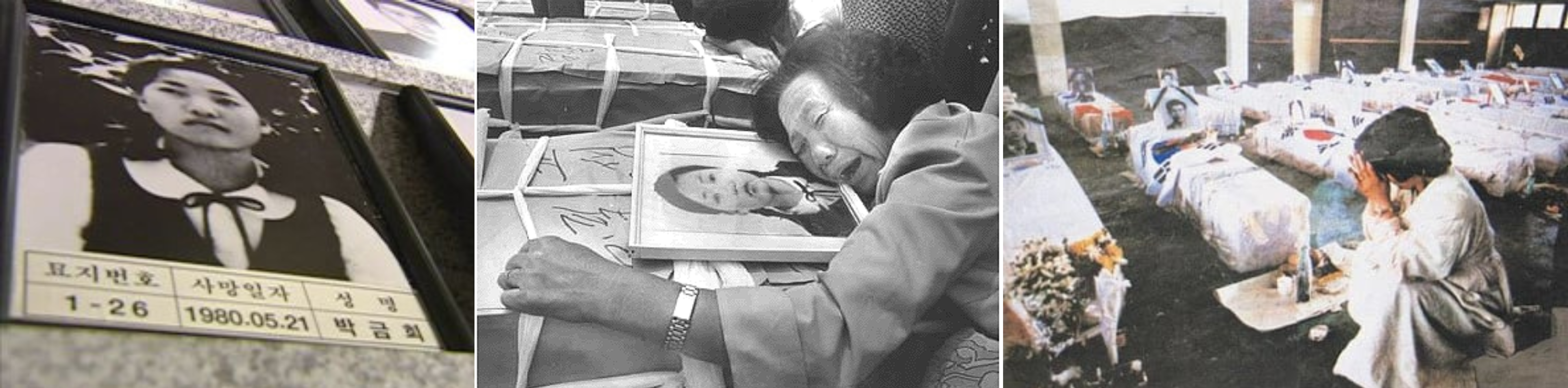 Foto de um familiar de Park Geum Hi chorando no retrato da estudante acima de seu caixão.