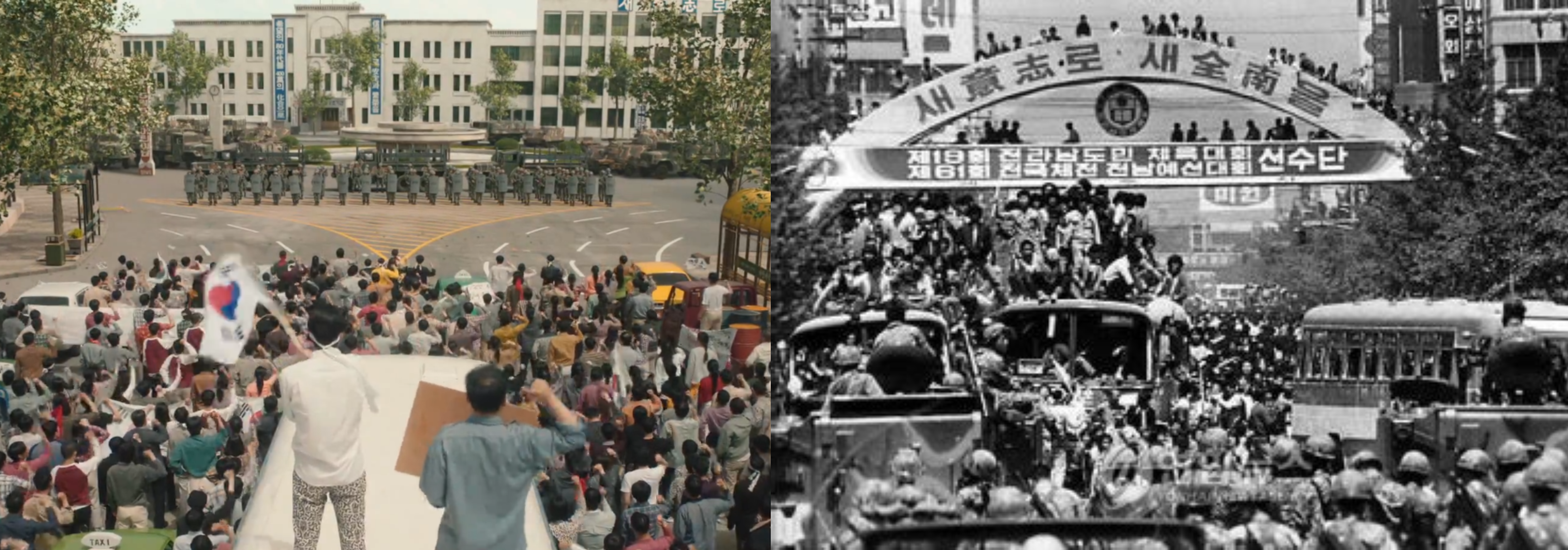 Colagem de duas fotos. A primeira mostra um cena do dorama onde pessoas estão protestando em cima de ônibus e a segunda foto, imagem real dos protestos com a mesma dinâmica.