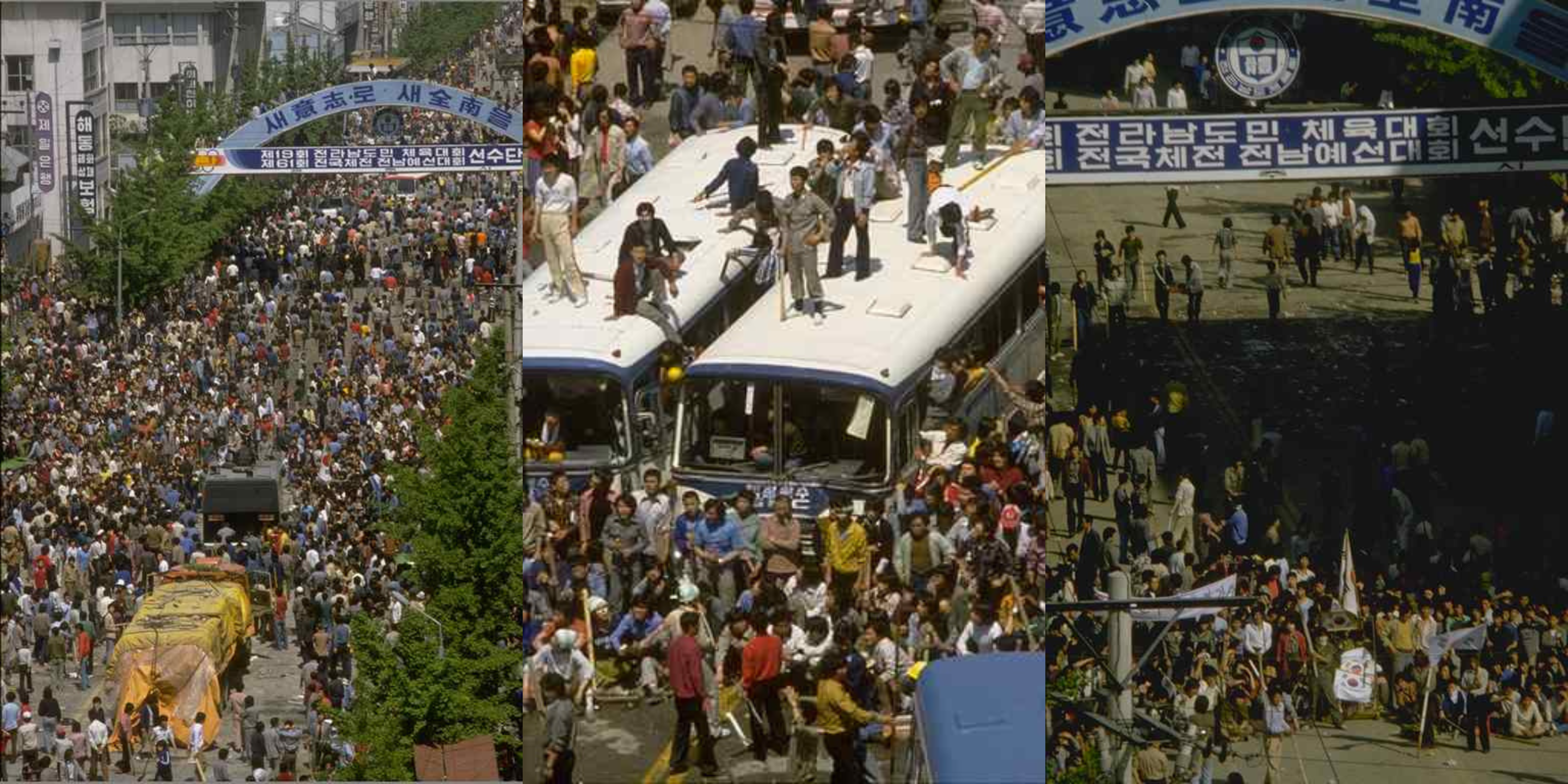Fotos reais dos protestos em Gwangju. Milhares de pessoas reunidas na avenida principal, com barricadas e ônibus.