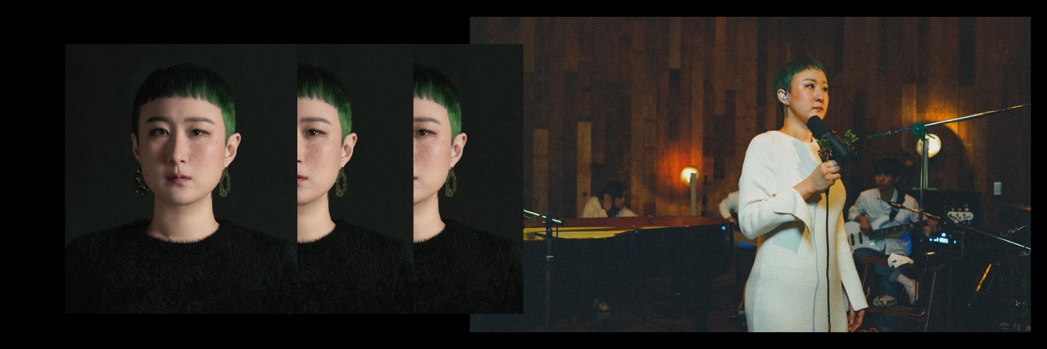 Colagem de fotos da Sunwoo Junga. Nesta ela possui cabelos bem curtos com coloração verde escuro e brincos de argola