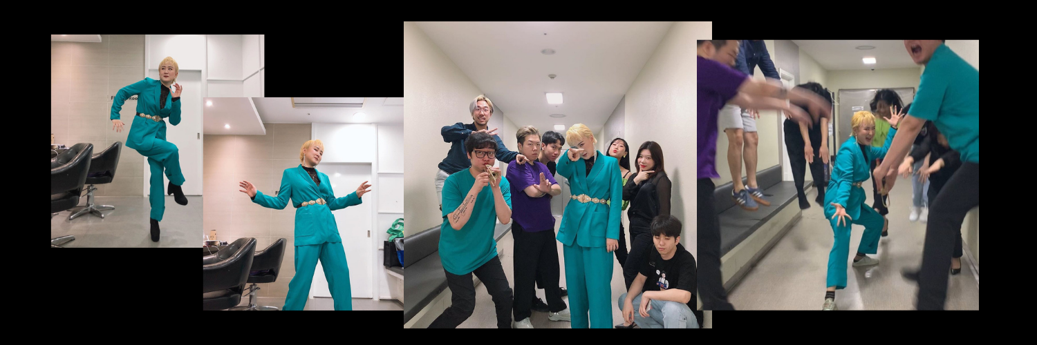 Colagem de fotos da Sunwoo Junga. Nesta ela está de terno e calças azul turquesa, cabelos curtos louro e faz diferentes poses para fotos.