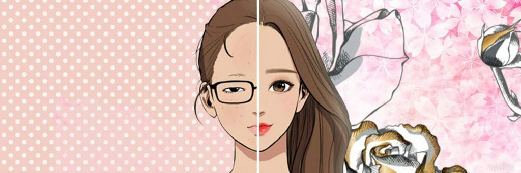 Foto da protagonista do webtoon True Beauty. Onde metade de seu rosto está sem maquiagem, com óculos e espinhas e a outra metade com maquiagem e lentes de contato.